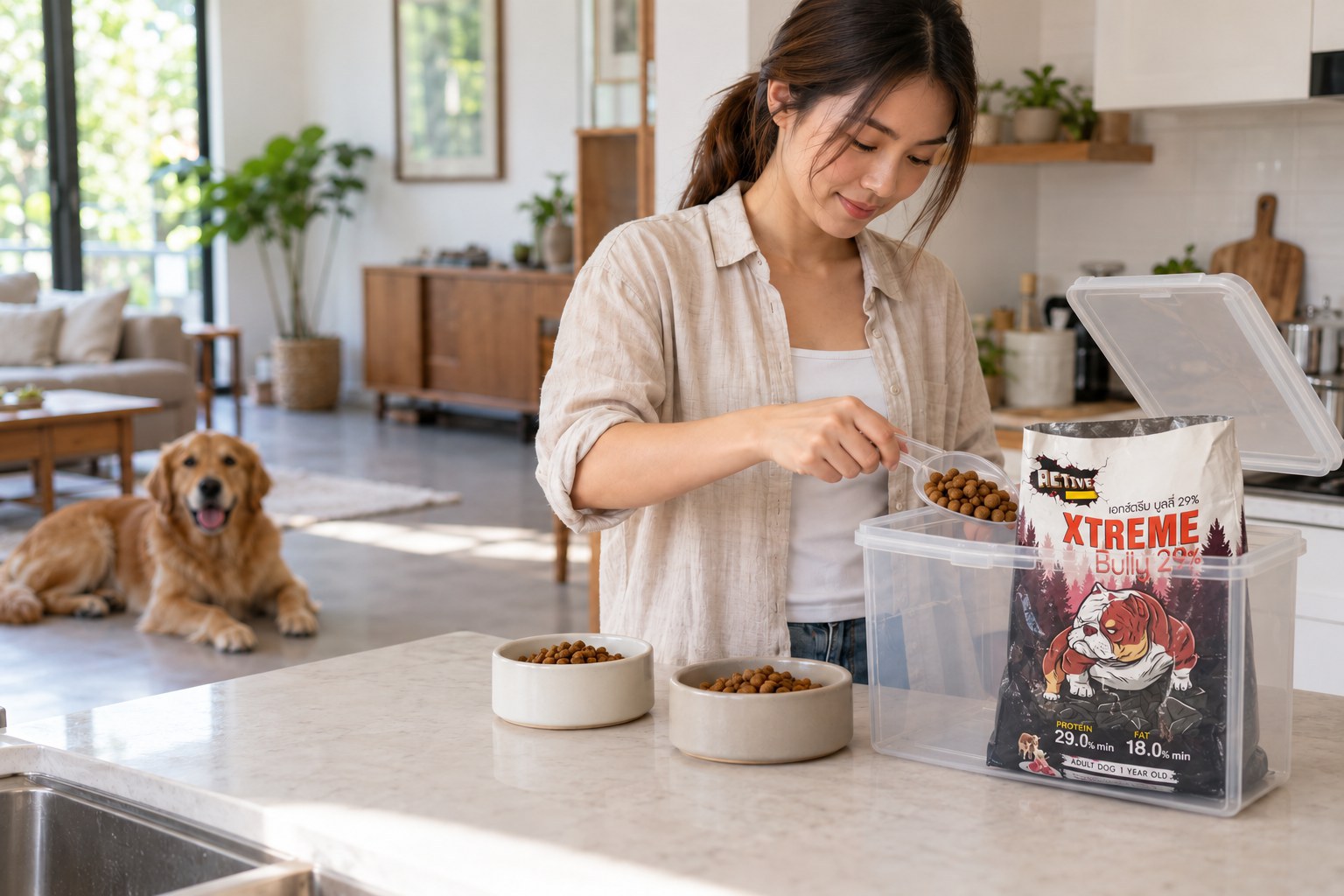 จัดเตรียมอาหารและเก็บถุง XTREME BULLY 29% ในภาชนะเพื่อเริ่มเปลี่ยนอาหารสุนัข